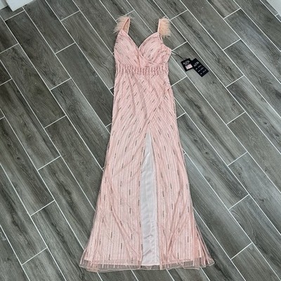Sexy Feather Bodice Sequin Nova Luxe Gown Waist High Slit Beaded Fringe NWT XL
