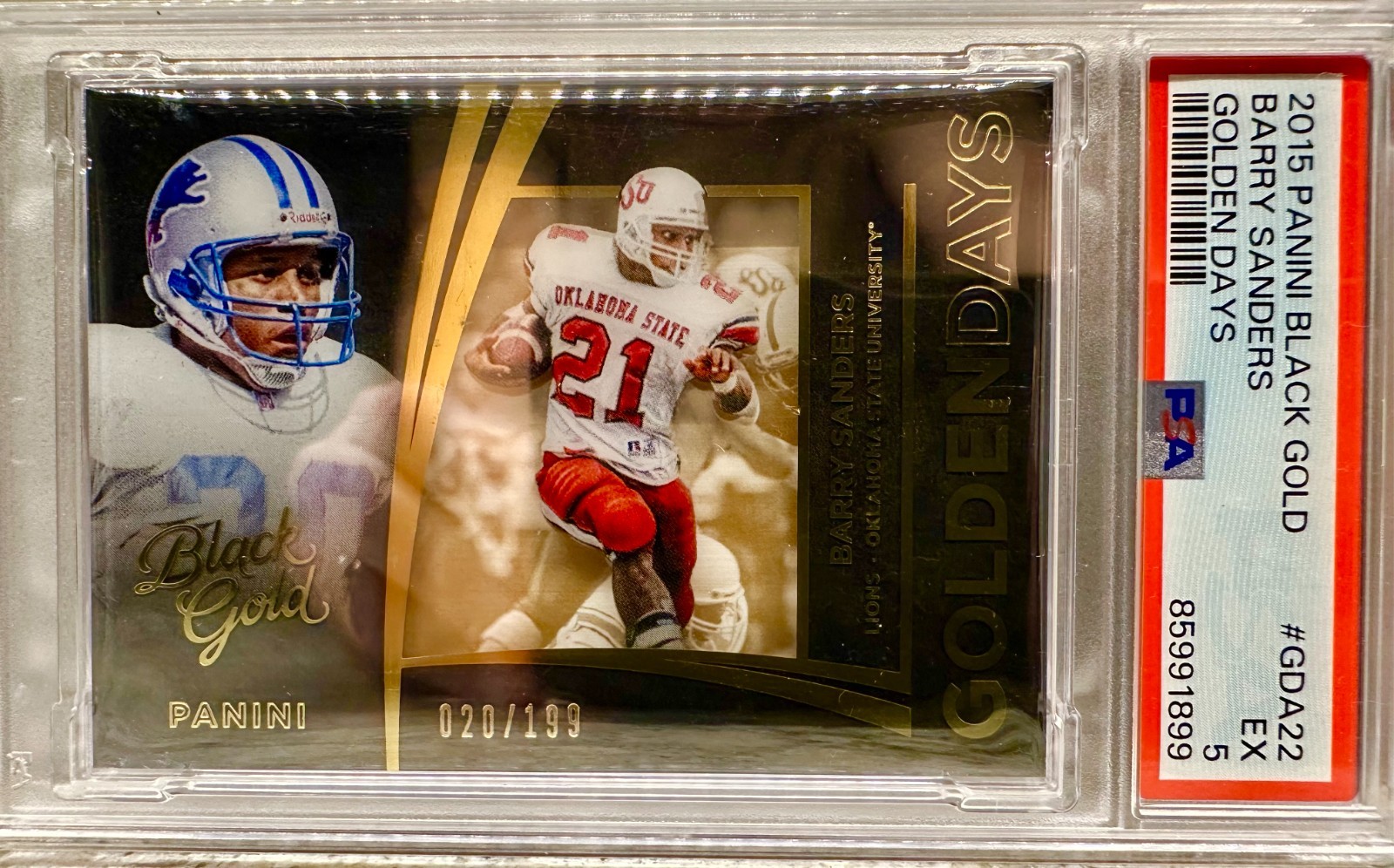 JERSEY NUMBER MATCH! 2015 Panini Black Gold Barry Sanders Golden Days 20/199!