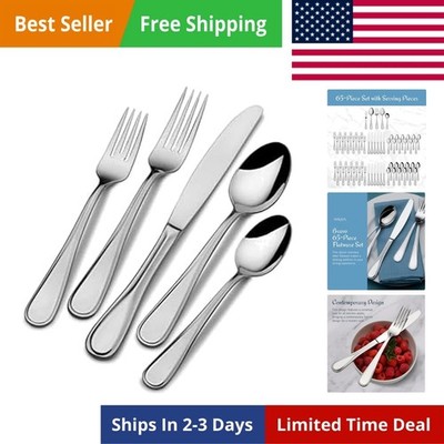 Bravo 65-Piece Flatware Set for 12, 18/10 Stainless Steel Silverware with Ful...