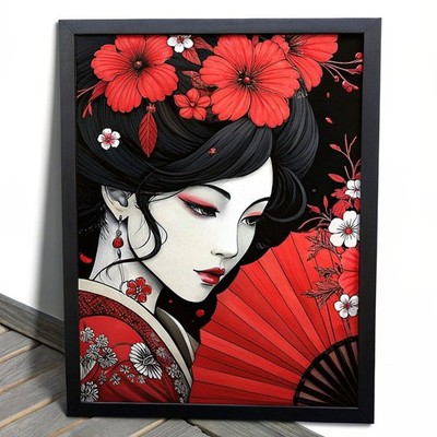 Geisha rote Blume Wand japanische Wohndeko Poster asiatischer Kunstdruck Design Stück E