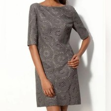 Adrianna Papell Gray Crocheted Eyelet Sheath Dress Size 6 Lined Career Office