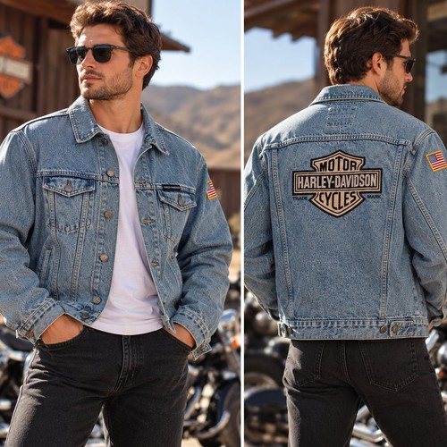 Harley-Davidson, Vintage Harley Davidson Jean Denim Jacket Sz M Logo Patch Blue Trucker Biker