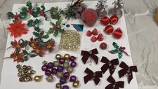 Christmas Crafting Lot Mixed Pieces - Picks/Bells/Holly/Ornaments-Vintage Items