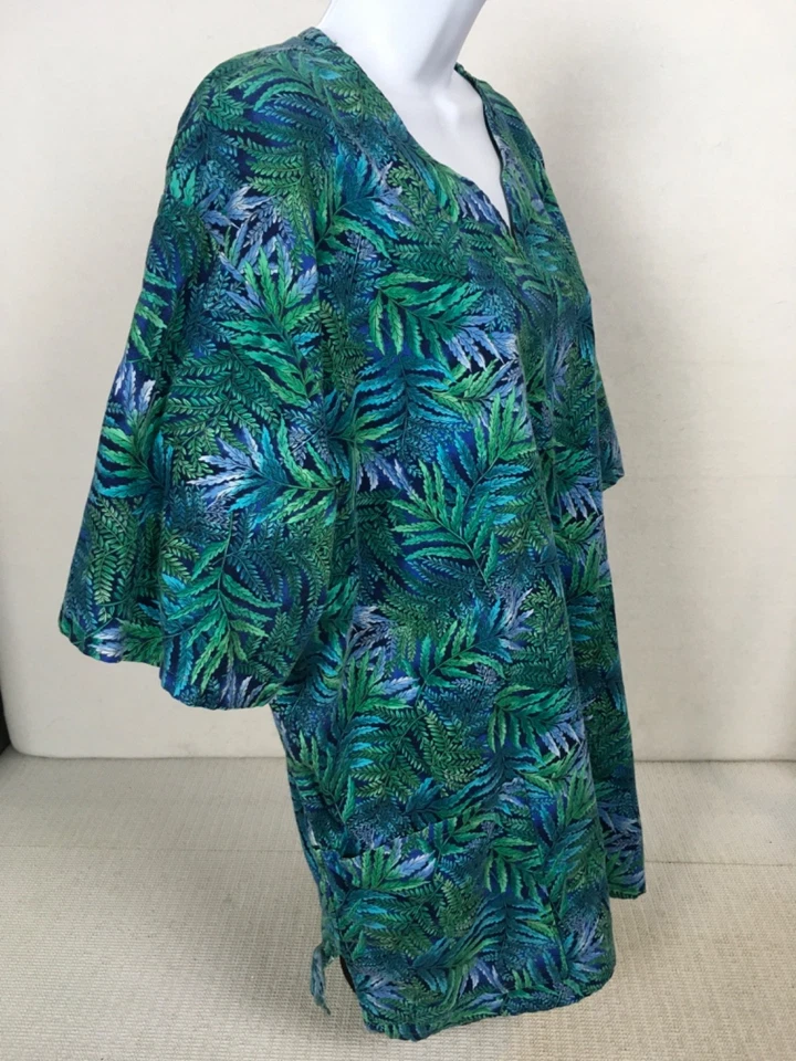 Blusa Médica Barco Mujer Talla XL Negra con Bolsillos Azul Verde Hojas Mangas Cortas Foto 2 de 4