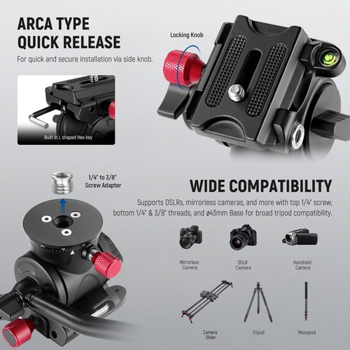 NEEWER Fluid Tripod Head with Handle & Arca Type QR,Panorama Drag Pan Tilt Head - Picture 5 of 8