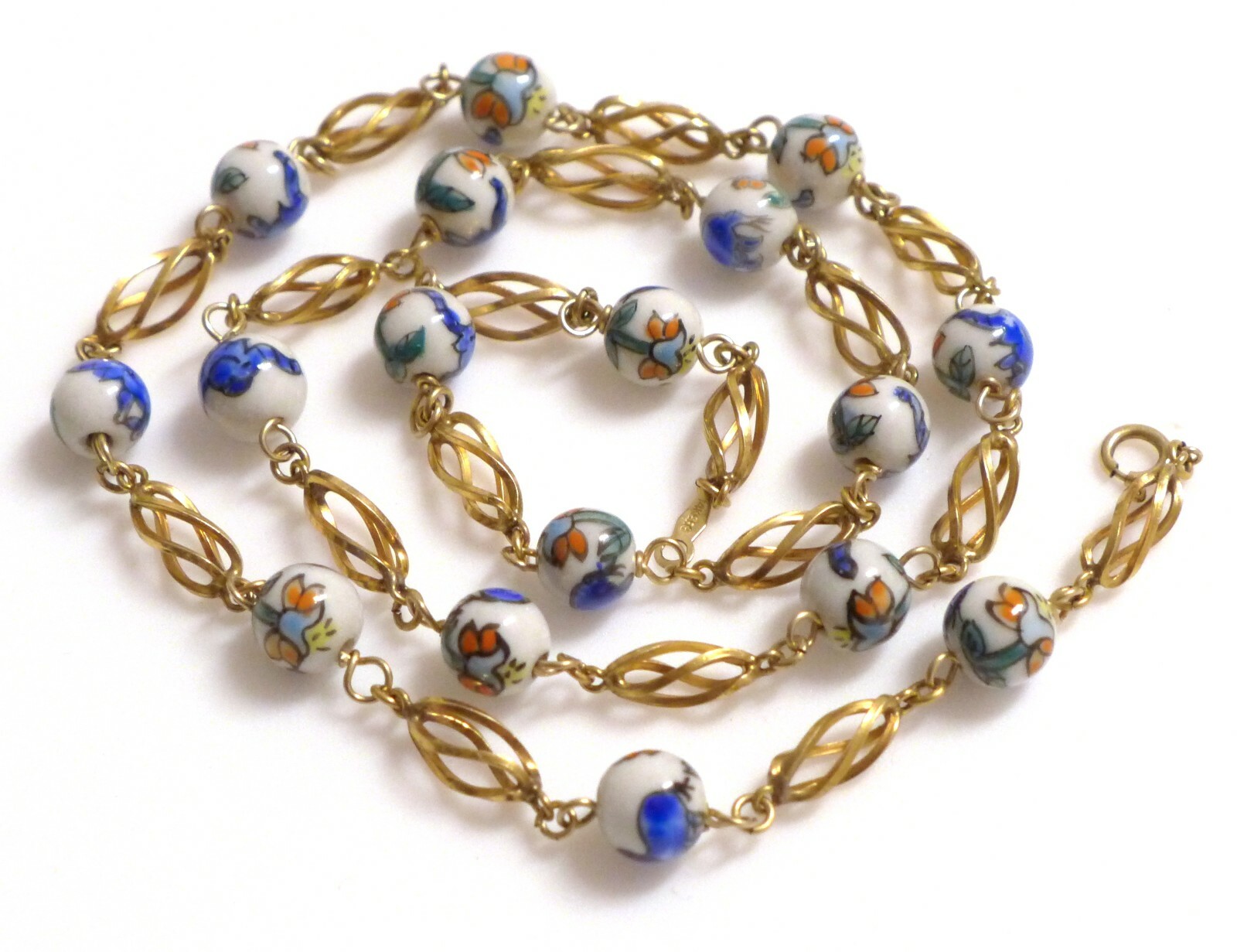 Vintage Hand Painted Glass Bead Necklace with Twisted 14K Gold Filled