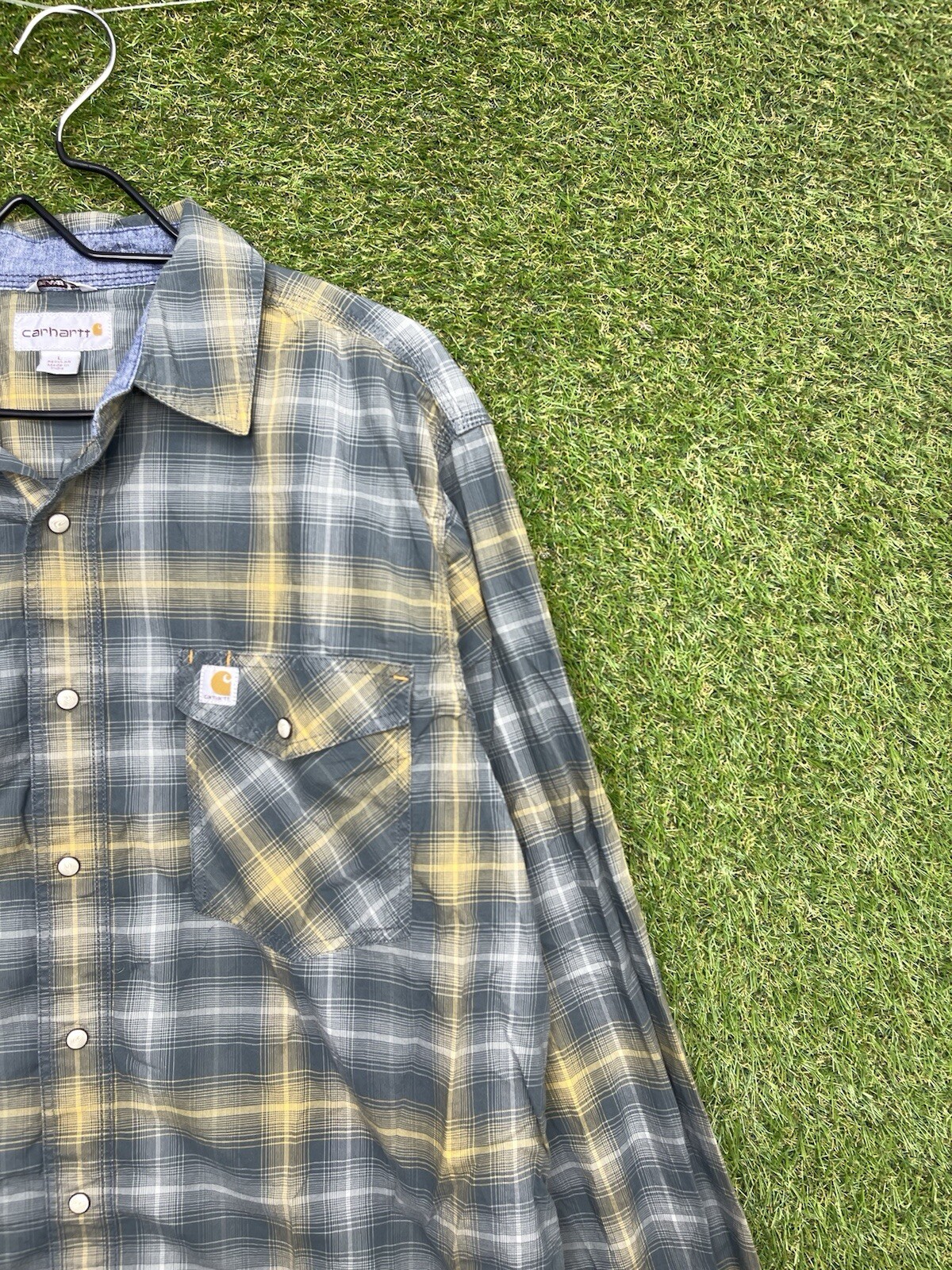 Carhartt Flannel Shirt Mens Large Loose Blue Plaid Relaxed Button Up Workwear-image