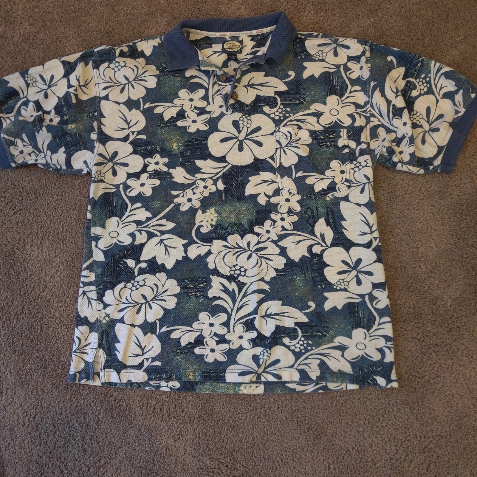 Tommy Bahama Men Size Large Blue Tropical 3 Button Short Sleeve 100% Cotton