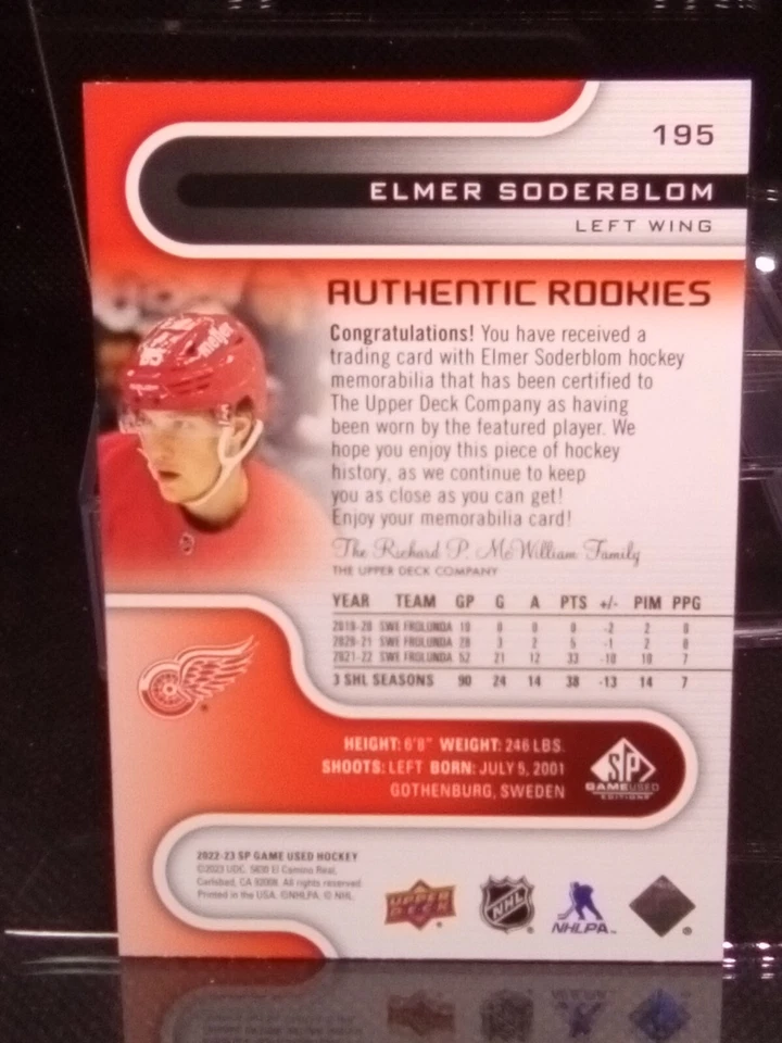 2022-23 SP Game Used #195 Elmer Soderblom (RC) -Authentic Rookies Red Jersey - Image 2 of 4