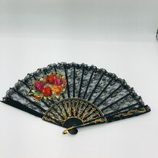 Antique Hand Painted Roses Fan with Black Lace Lacquered Handle