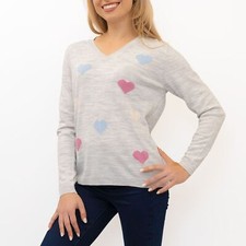Womens Grey Heart Jumper Top Marl Knit Supersoft Gift V-Neck 8 10 12 14 16 18 20