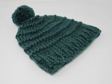 Handcrafted Knitted Hat Beanie Green Pom Pom 97% Fine Merino Wool Female Adult
