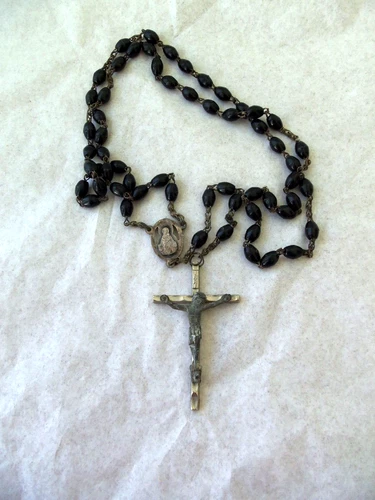 Italian Signed Vintage Catholic Rosary Black Beads!  18" LENGTH!  SILVER METAL