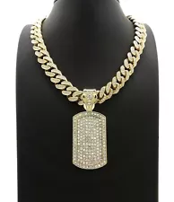 DOG TAG PENDANT DIMOND 20" CUBAN LINK CHAIN NECKLACE GOLD HIP HOP ICED BLING cz