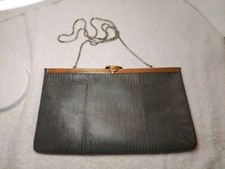 Vintage Etra Genuine Leather Gray Clutch Purse Gold Tone Trim Silver Tone Chain