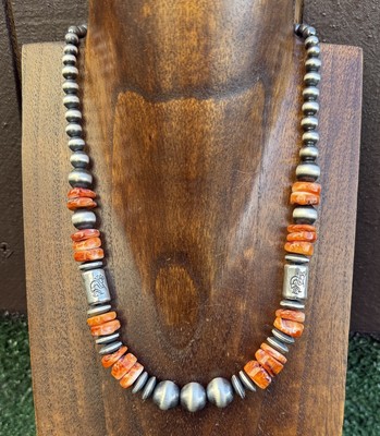 Sterling Silver Orange Spiny Oyster W Pearls Kokopelli Bead Necklace 18 Inch
