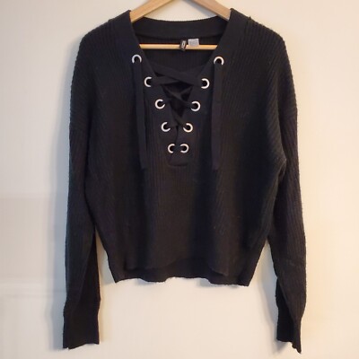 Divided Black Lace up V Neck Sweater Size: M