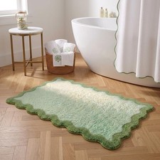 Olive Green Scalloped Bathroom Mat 24x16 Inch Plush Microfiber NonSlip Rug