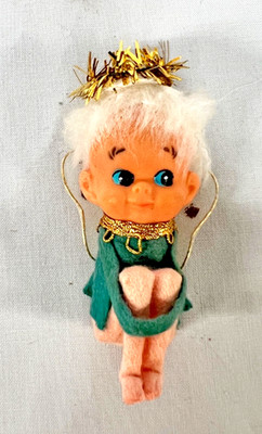 Vintage Angel Knee Hugger Green Felt Tulle Wings Christmas Ornament JAPAN