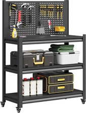 Workbench with Pegboard, Adjustable Heavy Duty Work Table with Wheels, Heavy Dut