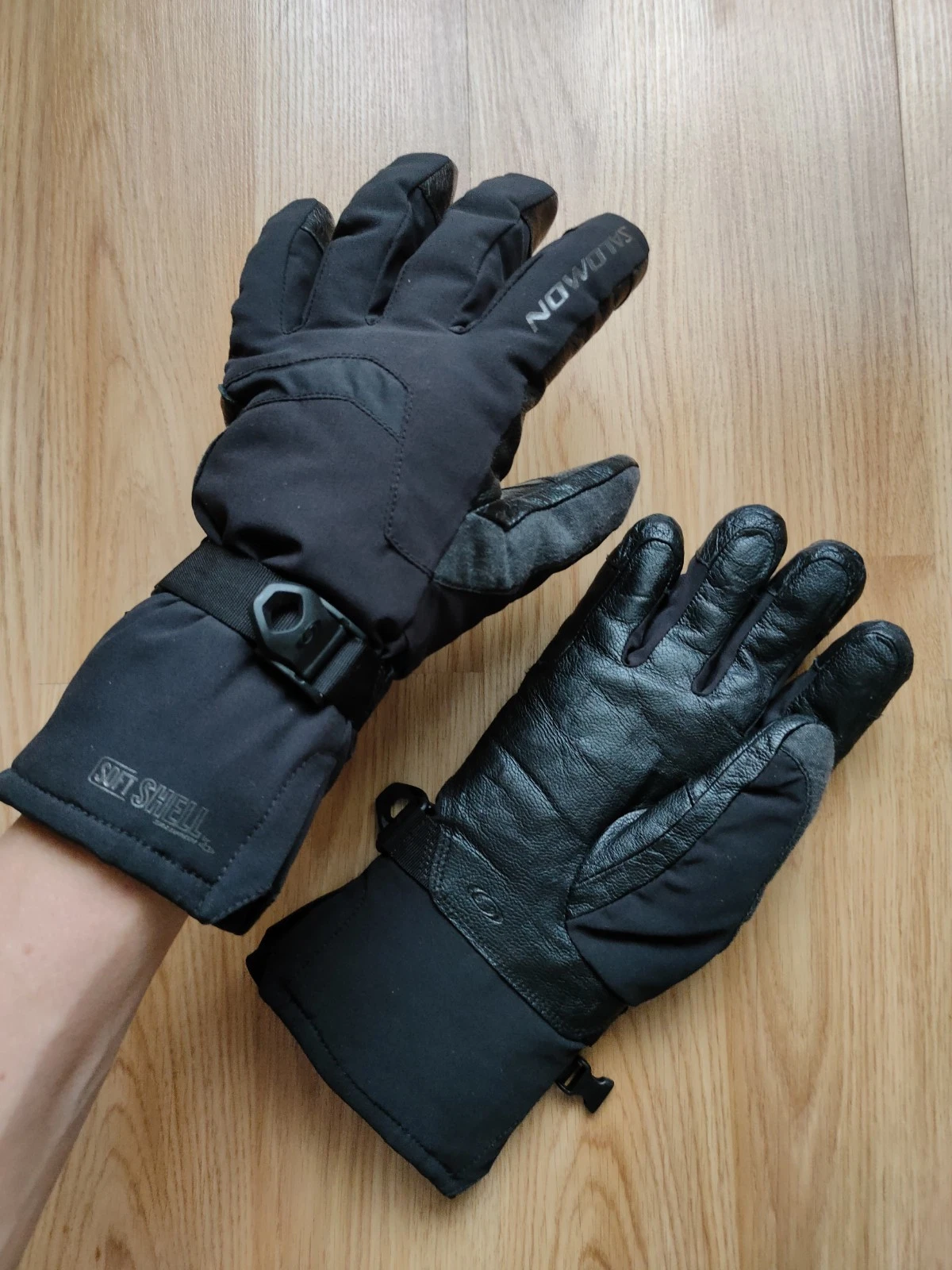 Salomon Softshell Ski Gloves L Black Leather Palm ClimaPro Gorpcore Winter Tech