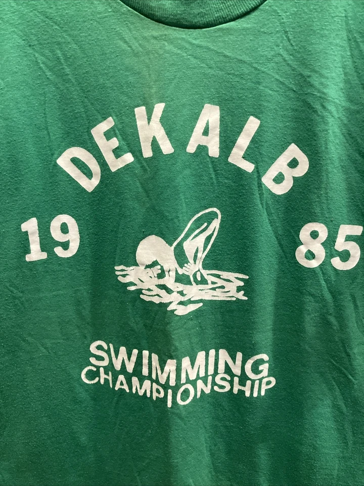 Vintage 80s 1985 Dekalb Swimming Champion Cropped Baby Tee Small 18x25 USA Made - Image 2 of 4