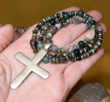 Antique Ethiopian Coptic Cross Pendant W Natural Tourmaline Stone Beads Necklace