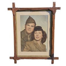 WWII Sgt Veteran Photo in Uniform  Beautiful Wife in a Wooden Frame Oak Leaves