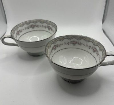 Noritake Glenwood 5770 Tea Cups Set of 2 Pink Roses Silver Trim Japan