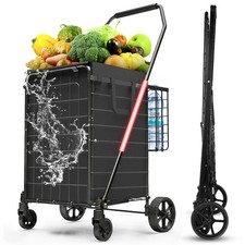 Folding Utility Grocery Cart 3.7 Cu Ft Swivel Wheels Black Double Basket 100 LB