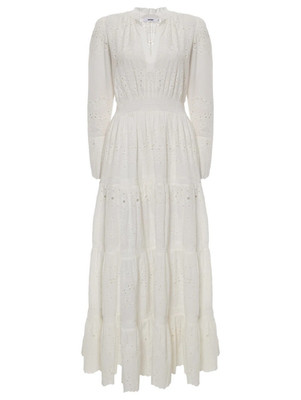 NOTSHY Damen Maxikleid Weiß 100% Baumwolle Lochstickerei V-Ausschnitt S