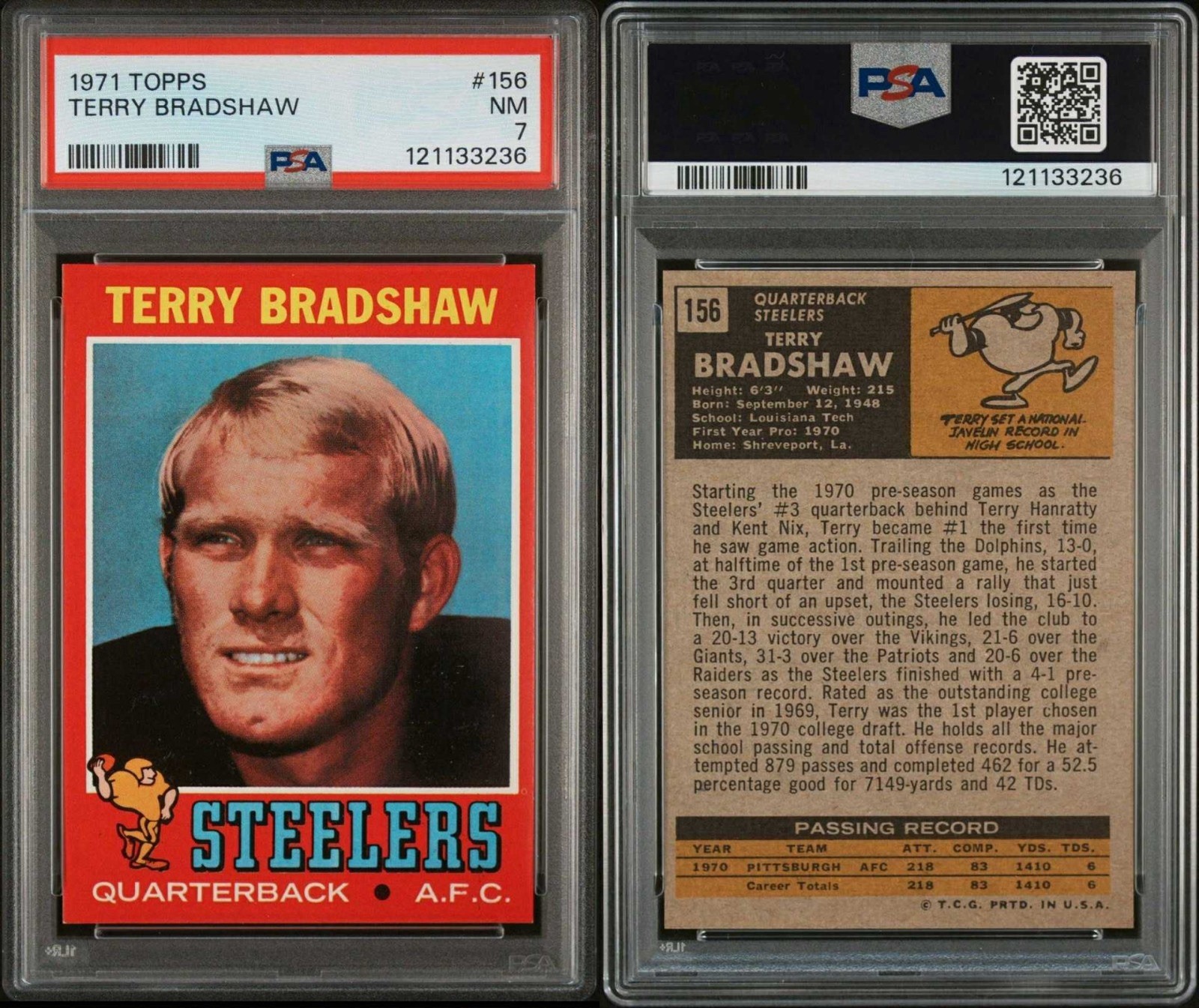 1971 Topps Terry Bradshaw #156 PSA 7 NM Pittsburgh Steelers HOF QB Vintage NFL