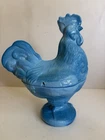 Vintage Blue Covered Milk Glass Rooster-Footed Candy Dish  “Has Damage!”  As Is!