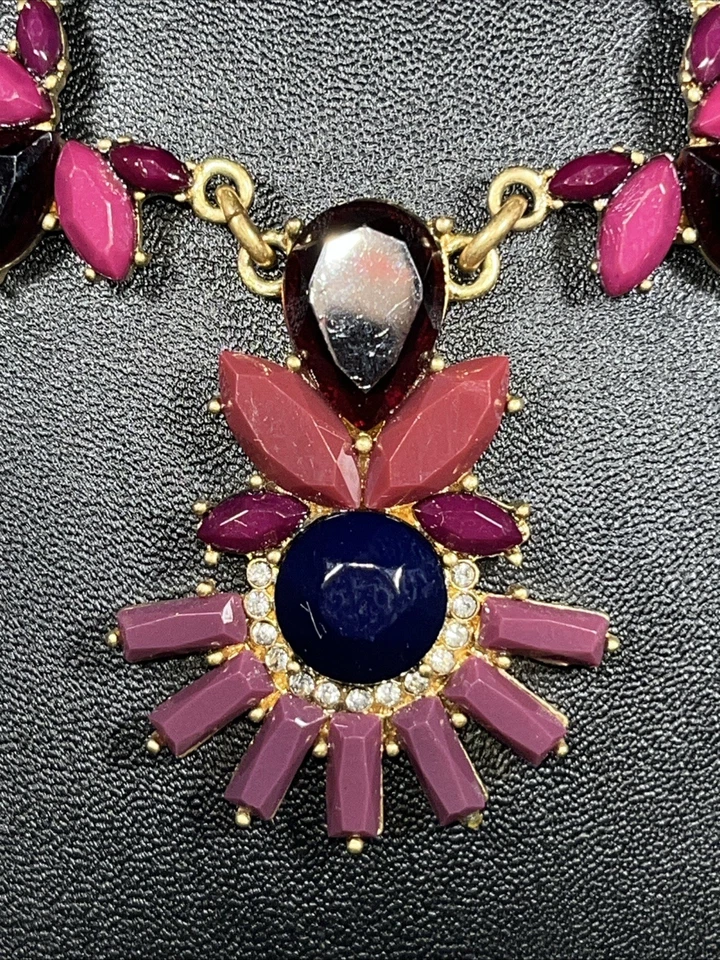 J. Crew Statement Bib Pink,mauve,blue Rhinestone Goldtone Necklace 15-17 1/2” - Image 3 of 4