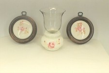 LASTING PRODUCTS HANDPAINTED CANDLE HOLDER, 2 WALL HANGINGS PINK FLOWERS VINTAGE