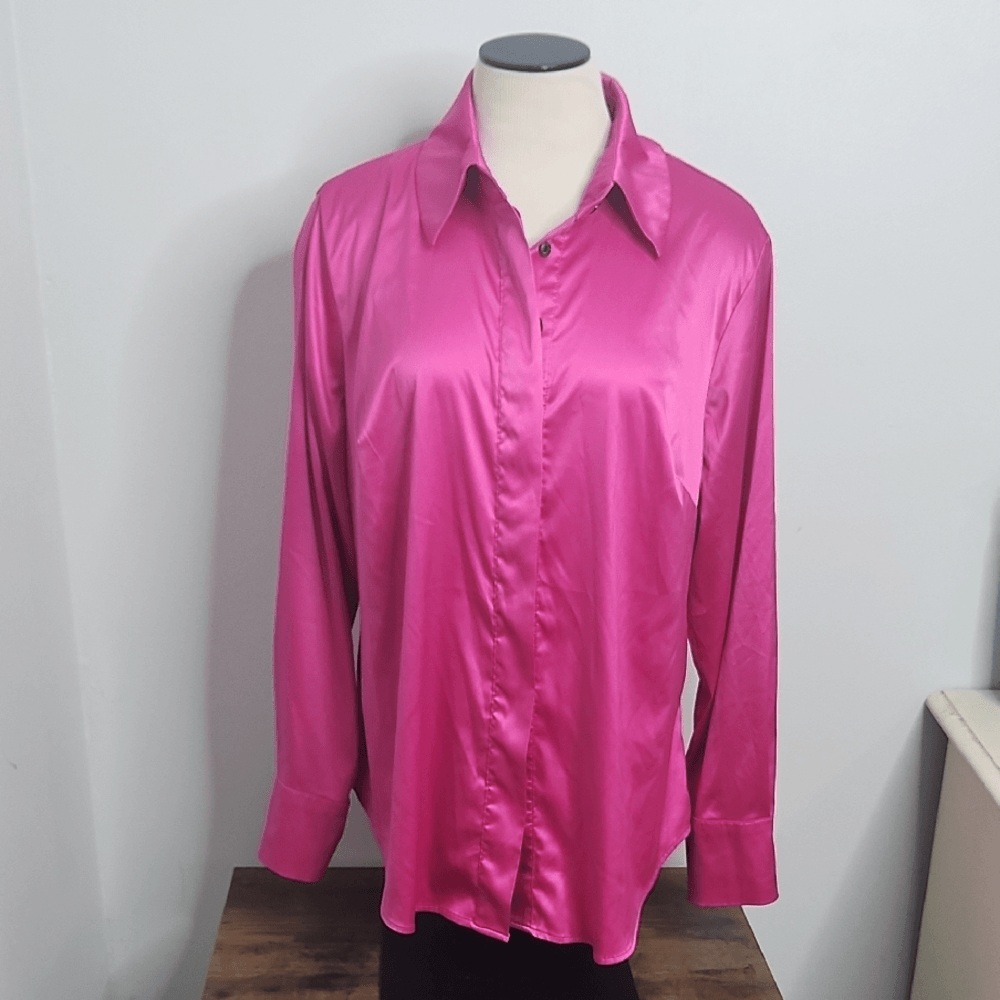 Hot Pink Satin Button-Up Shirt lane Bryant size 16