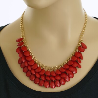KOHL'S ''COLOR'' GOLD Tone Chain TEARDROP Tiered Checkerboard BEADS RED NECKLACE