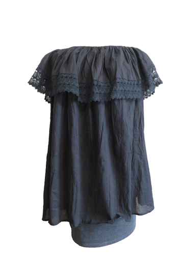 Mexican Campesina Blouse Black Semisheer Floral Embroidered Top L - Picture 3 of 6
