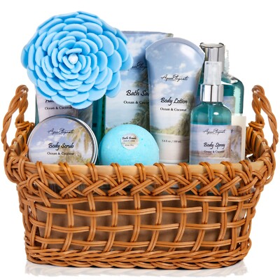 Luxury Spa Basket For Women (Aqua Elegante) - Bath Set With Ocean & Coconut