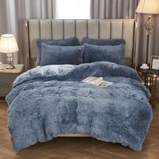 Shaggy Fluffy Faux Fur Duvet Cover Set Button Closure Velvety Twin Dusty Blue