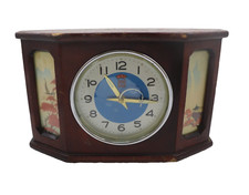 Vintage Chinese Wooden Alarm Clock Animated Jet Plane Dial Painted Panel Wind-Up