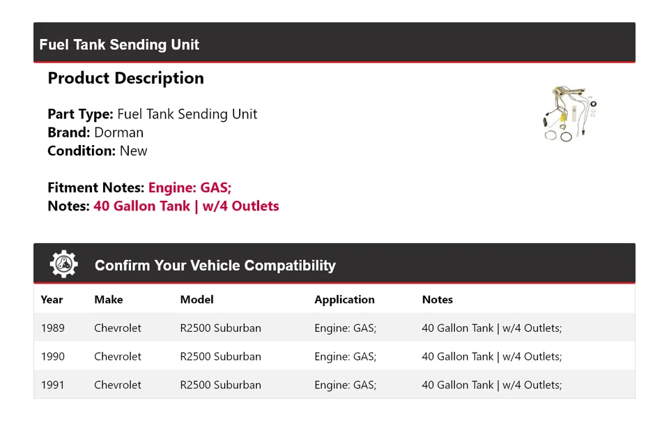 Unidad de envío de tanque de combustible Dorman GAS 1989-1991 Chevrolet R2500 Suburban 1990 Foto 2 de 4