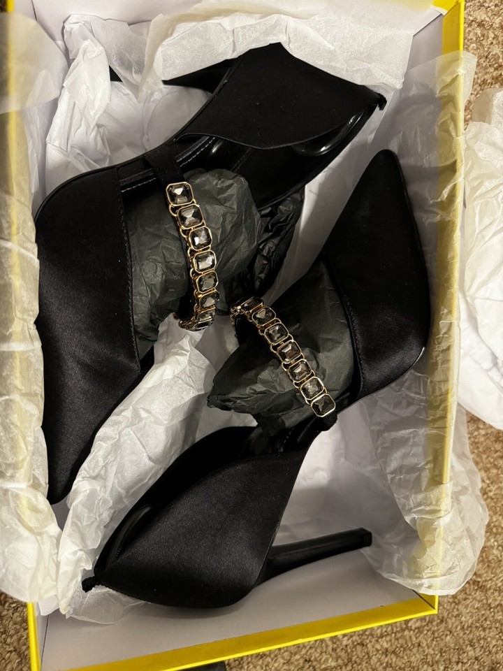 Boden Black Satin Crystal Strap High Stiletto Heels Court Shoes UK 7 40