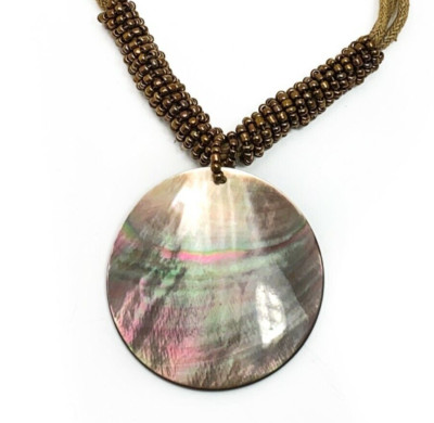 Lia Sophia Necklace HARVEST MOON Boho Abalone Shell Mother Pearl Pendant Brown