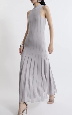 New Karen Mullen Viscose Blend Sheer Detail Full Skirt Knit Midi Dress Gray  - S | eBay
