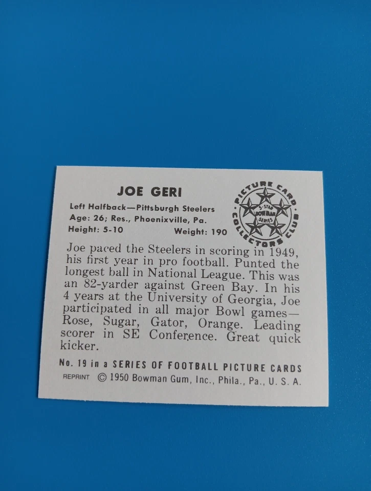 Joe Geri 1950 Bowman Reprint Football Card Pittsburgh Steelers #19 - Image 2 of 2