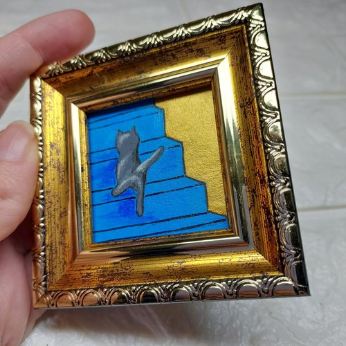 Graue Katze Gemälde Gerahmt Original Kunst Lustiges Kätzchen Handarbeit Kunst Mini Gemälde - Bild 11 von 11