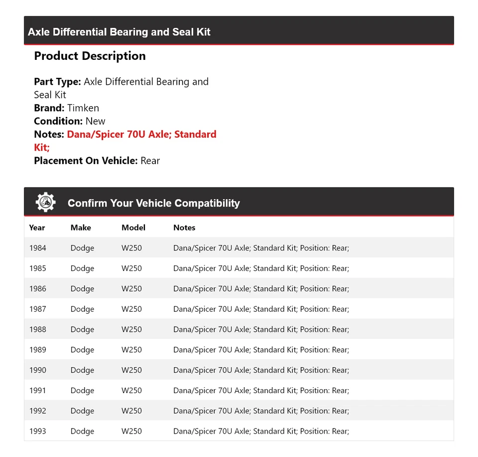 For 1984-1993 Dodge W250 Axle Differential Bearing and Seal Kit Rear Timken 1985 - Image 2 of 3