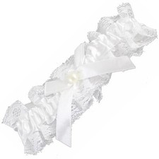 Wedding Day Garter White Satin with white Lace and Pearl Bead
