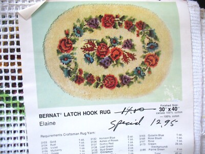 Bernat Latch Hook Rug Cotton Canvas ONLY 30x40'' ELAINE #3348 1979 Yarn chart onl